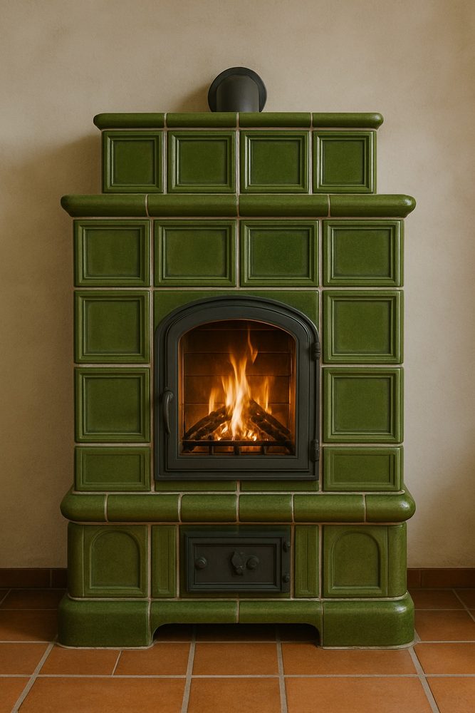 Gemauerter Warmluftkachelofen mit grünen Kacheln