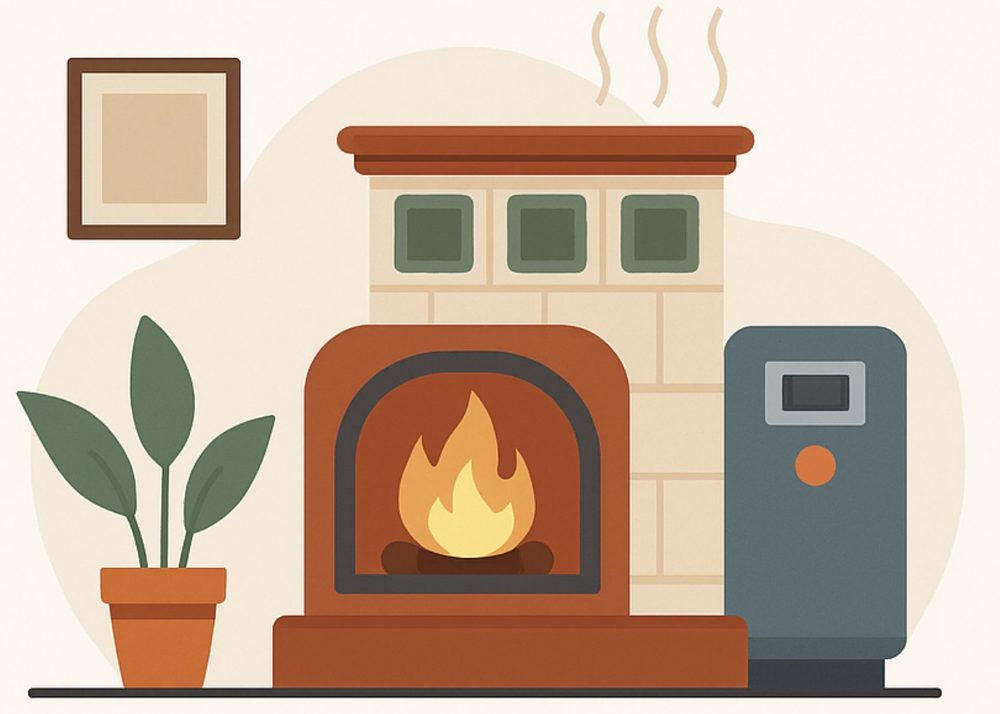 Moderner Warmluftkachelofen im Wohnraum